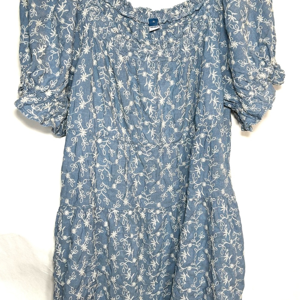 Cotton summer Blue Embroidered Puff Sleeve Dress